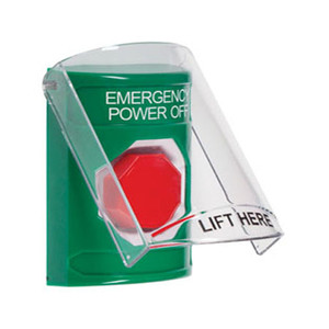 SS2122PO-EN STI Green Indoor Only Flush or Surface Key-to-Reset (Illuminated) Stopper Station with EMERGENCY POWER OFF Label English