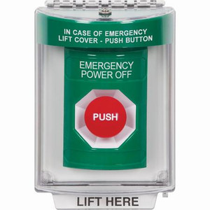SS2144PO-EN STI Green Indoor/Outdoor Flush w/ Horn Momentary Stopper Station with EMERGENCY POWER OFF Label English