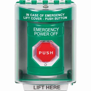 SS2179PO-EN STI Green Indoor/Outdoor Surface Turn-to-Reset (Illuminated) Stopper Station with EMERGENCY POWER OFF Label English