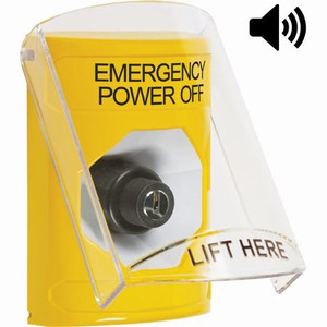 SS22A3PO-EN STI Yellow Indoor Only Flush or Surface w/ Horn Key-to-Activate Stopper Station with EMERGENCY POWER OFF Label English