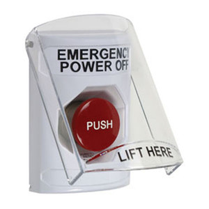 SS2321PO-EN STI White Indoor Only Flush or Surface Turn-to-Reset Stopper Station with EMERGENCY POWER OFF Label English