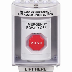 SS2379PO-EN STI White Indoor/Outdoor Surface Turn-to-Reset (Illuminated) Stopper Station with EMERGENCY POWER OFF Label English