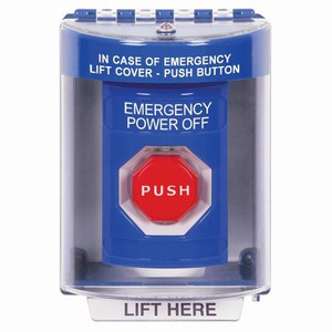 SS2475PO-EN STI Blue Indoor/Outdoor Surface Momentary (Illuminated) Stopper Station with EMERGENCY POWER OFF Label English