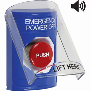 SS24A1PO-EN STI Blue Indoor Only Flush or Surface w/ Horn Turn-to-Reset Stopper Station with EMERGENCY POWER OFF Label English