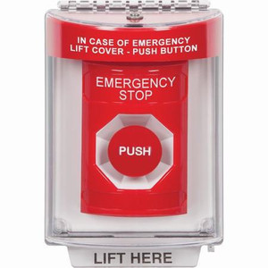 SS2034ES-EN STI Red Indoor/Outdoor Flush Momentary Stopper Station with EMERGENCY STOP Label English