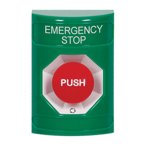 SS2101ES-EN STI Green No Cover Turn-to-Reset Stopper Station with EMERGENCY STOP Label English