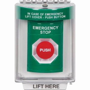 SS2134ES-EN STI Green Indoor/Outdoor Flush Momentary Stopper Station with EMERGENCY STOP Label English