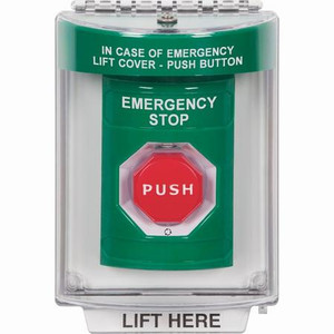 SS2139ES-EN STI Green Indoor/Outdoor Flush Turn-to-Reset (Illuminated) Stopper Station with EMERGENCY STOP Label English