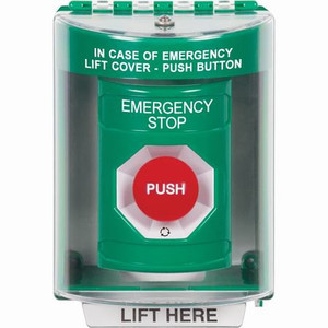 SS2171ES-EN STI Green Indoor/Outdoor Surface Turn-to-Reset Stopper Station with EMERGENCY STOP Label English