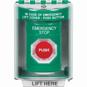 SS2174ES-EN STI Green Indoor/Outdoor Surface Momentary Stopper Station with EMERGENCY STOP Label English