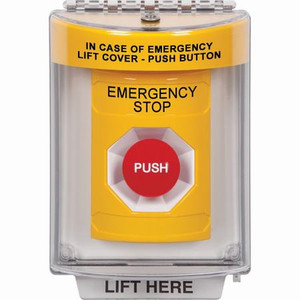 SS2234ES-EN STI Yellow Indoor/Outdoor Flush Momentary Stopper Station with EMERGENCY STOP Label English