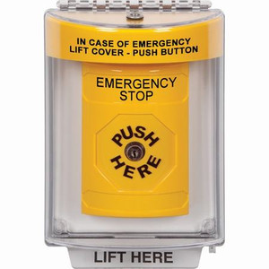 SS2240ES-EN STI Yellow Indoor/Outdoor Flush w/ Horn Key-to-Reset Stopper Station with EMERGENCY STOP Label English