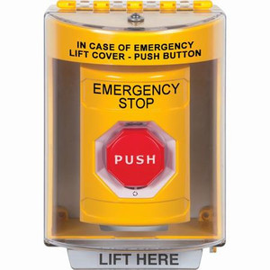 SS2279ES-EN STI Yellow Indoor/Outdoor Surface Turn-to-Reset (Illuminated) Stopper Station with EMERGENCY STOP Label English