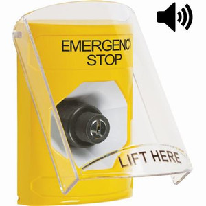 SS22A3ES-EN STI Yellow Indoor Only Flush or Surface w/ Horn Key-to-Activate Stopper Station with EMERGENCY STOP Label English