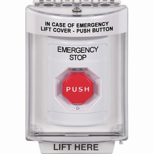 SS2339ES-EN STI White Indoor/Outdoor Flush Turn-to-Reset (Illuminated) Stopper Station with EMERGENCY STOP Label English
