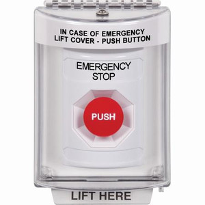 SS2344ES-EN STI White Indoor/Outdoor Flush w/ Horn Momentary Stopper Station with EMERGENCY STOP Label English