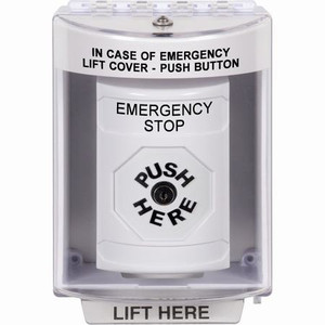 SS2370ES-EN STI White Indoor/Outdoor Surface Key-to-Reset Stopper Station with EMERGENCY STOP Label English