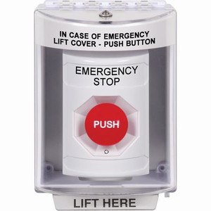 SS2371ES-EN STI White Indoor/Outdoor Surface Turn-to-Reset Stopper Station with EMERGENCY STOP Label English