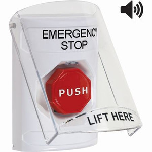 SS23A2ES-EN STI White Indoor Only Flush or Surface w/ Horn Key-to-Reset (Illuminated) Stopper Station with EMERGENCY STOP Label English