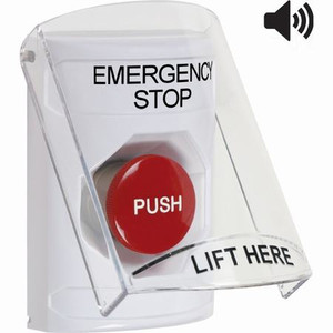 SS23A4ES-EN STI White Indoor Only Flush or Surface w/ Horn Momentary Stopper Station with EMERGENCY STOP Label English