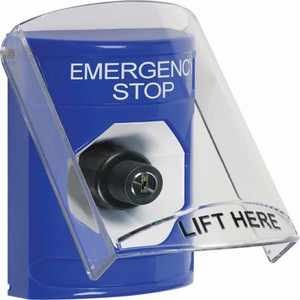 SS2423ES-EN STI Blue Indoor Only Flush or Surface Key-to-Activate Stopper Station with EMERGENCY STOP Label English