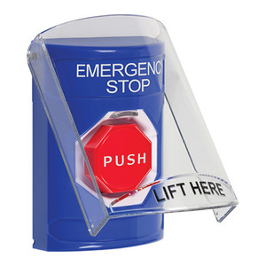 SS2428ES-EN STI Blue Indoor Only Flush or Surface Pneumatic (Illuminated) Stopper Station with EMERGENCY STOP Label English