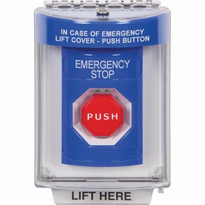 SS2432ES-EN STI Blue Indoor/Outdoor Flush Key-to-Reset (Illuminated) Stopper Station with EMERGENCY STOP Label English