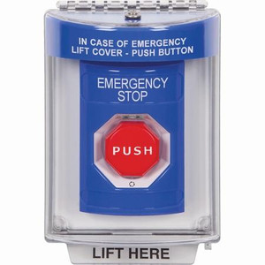 SS2449ES-EN STI Blue Indoor/Outdoor Flush w/ Horn Turn-to-Reset (Illuminated) Stopper Station with EMERGENCY STOP Label English