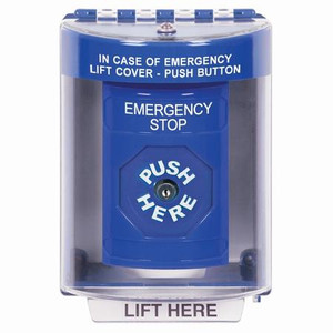 SS2480ES-EN STI Blue Indoor/Outdoor Surface w/ Horn Key-to-Reset Stopper Station with EMERGENCY STOP Label English