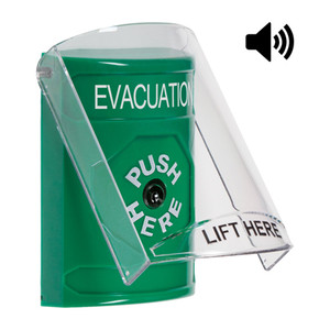 SS21A0EV-EN STI Green Indoor Only Flush or Surface w/ Horn Key-to-Reset Stopper Station with EVACUATION Label English
