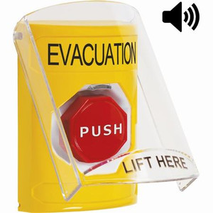 SS22A5EV-EN STI Yellow Indoor Only Flush or Surface w/ Horn Momentary (Illuminated) Stopper Station with EVACUATION Label English