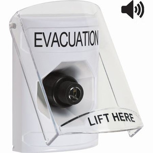SS23A3EV-EN STI White Indoor Only Flush or Surface w/ Horn Key-to-Activate Stopper Station with EVACUATION Label English