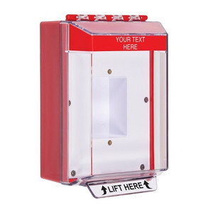 STI-14410CR STI Universal Stopper Low Profile Cover Enclosed Back Box, Sealed Mounting Plate and Hood - Custom Label - Red - Non-Returnable