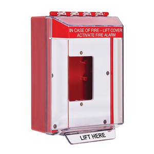 STI-14520FR STI Universal Stopper Low Profile Cover Enclosed Back Box, Open Mounting Plate and Hood with Horn - Fire Label - Red