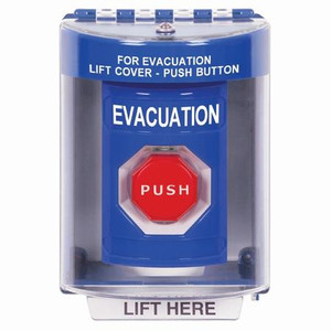 SS2478EV-EN STI Blue Indoor/Outdoor Surface Pneumatic (Illuminated) Stopper Station with EVACUATION Label English