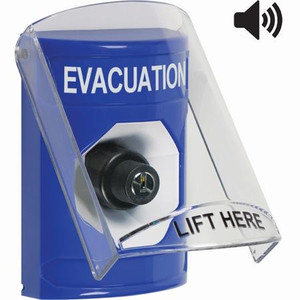 SS24A3EV-EN STI Blue Indoor Only Flush or Surface w/ Horn Key-to-Activate Stopper Station with EVACUATION Label English