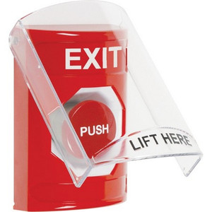 SS2024XT-EN STI Red Indoor Only Flush or Surface Momentary Stopper Station with EXIT Label English