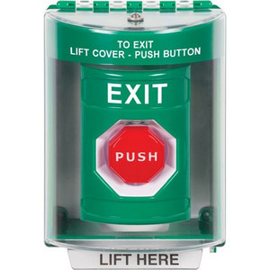 SS2185XT-EN STI Green Indoor/Outdoor Surface w/ Horn Momentary (Illuminated) Stopper Station with EXIT Label English