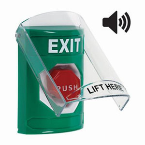 SS21A5XT-EN STI Green Indoor Only Flush or Surface w/ Horn Momentary (Illuminated) Stopper Station with EXIT Label English