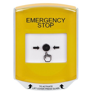 GLR221ES-EN STI Yellow Indoor Only Shield Key-to-Reset Push Button with EMERGENCY STOP Label English