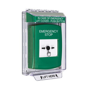 GLR131ES-EN STI Green Indoor/Outdoor Low Profile Flush Mount Key-to-Reset Push Button with EMERGENCY STOP Label English