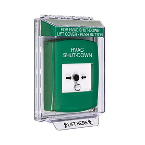 GLR131HV-EN STI Green Indoor/Outdoor Low Profile Flush Mount Key-to-Reset Push Button with HVAC SHUT-DOWN Label English