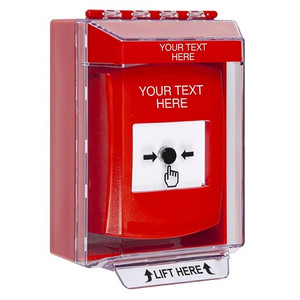 GLR081ZA-EN STI Red Indoor/Outdoor Low Profile Surface Mount w/ Sound Key-to-Reset Push Button with Non-Returnable Custom Text Label English