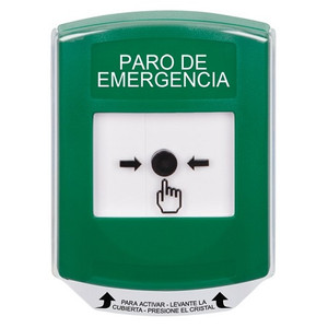 GLR121ES-ES STI Green Indoor Only Shield Key-to-Reset Push Button with EMERGENCY STOP Label Spanish