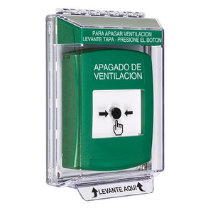 GLR131HV-ES STI Green Indoor/Outdoor Low Profile Flush Mount Key-to-Reset Push Button with HVAC SHUT-DOWN Label Spanish