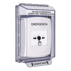 GLR341EM-ES STI White Indoor/Outdoor Low Profile Flush Mount w/ Sound Key-to-Reset Push Button with EMERGENCY Label Spanish