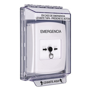 GLR331EM-ES STI White Indoor/Outdoor Low Profile Flush Mount Key-to-Reset Push Button with EMERGENCY Label Spanish