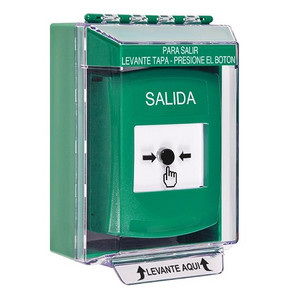 GLR171XT-ES STI Green Indoor/Outdoor Low Profile Surface Mount Key-to-Reset Push Button with EXIT Label Spanish