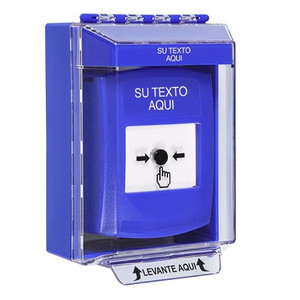 GLR471ZA-ES STI Blue Indoor/Outdoor Low Profile Surface Mount Key-to-Reset Push Button with Non-Returnable Custom Text Label Spanish