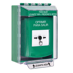 GLR181PX-ES STI Green Indoor/Outdoor Low Profile Surface Mount w/ Sound Key-to-Reset Push Button with PUSH TO EXIT Label Spanish